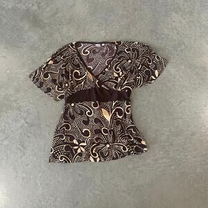 VINTAGE WOMEN'S BABYDOLL LAURA Y2K BLOUSE TOP BROWN FLOWY Large Boho